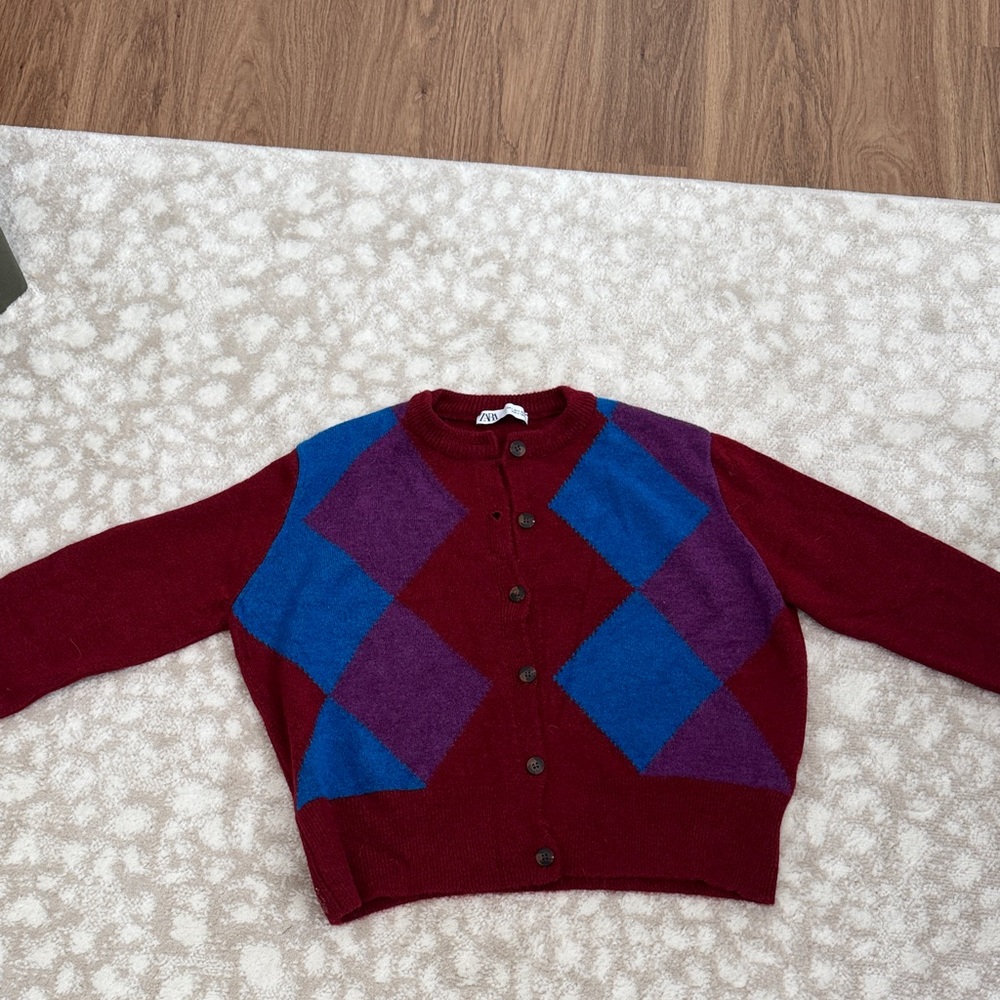 Zara Red and Blue Argyle Cardigan